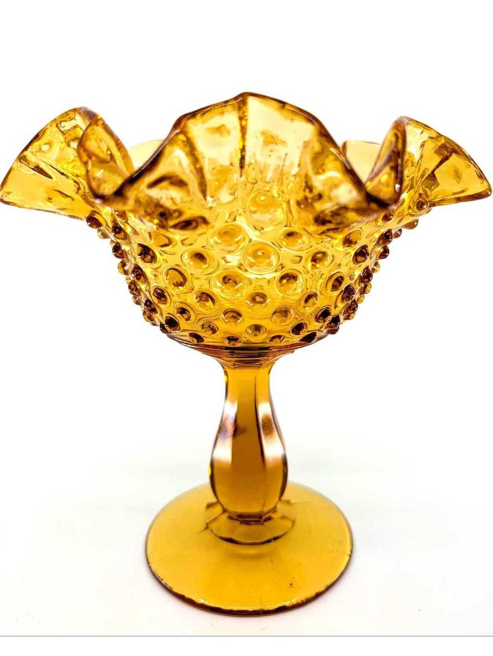 Vintage Fenton Amber Hobnail Glass Compote Pedestal Bowl Ruffled Edge